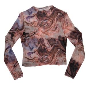 Shein Marble Mesh Top M Brown Pink Long Sleeve Sheer Psychedelic Y2K Streetwear